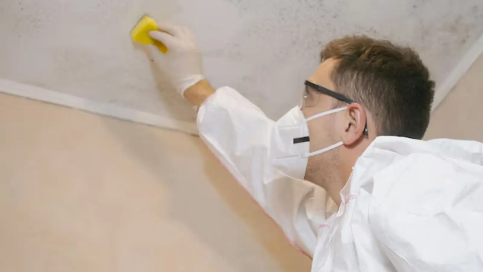 Person in a white protective suit, mask and goggles wiping a mold-spotted ceiling with a yellow sponge, shown for mold remediation in Laguna Woods, CA