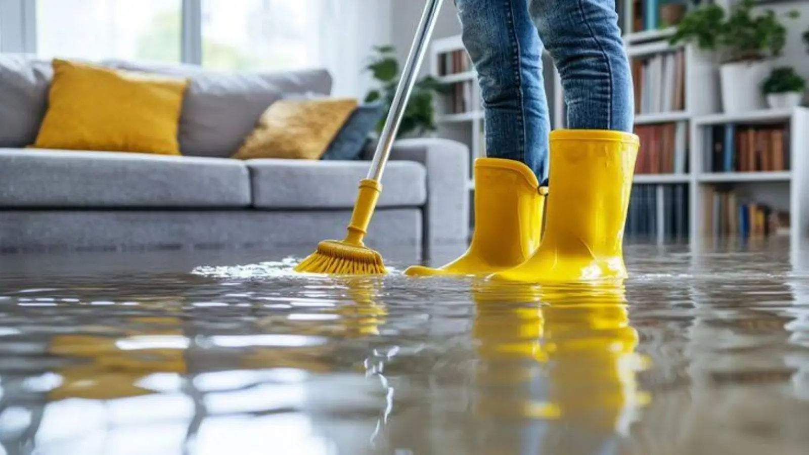 Person in yellow rubber boots mopping shallow water on a living room floor beside a sofa and bookshelf, shown for water damage cleanup in Laguna Woods, CA