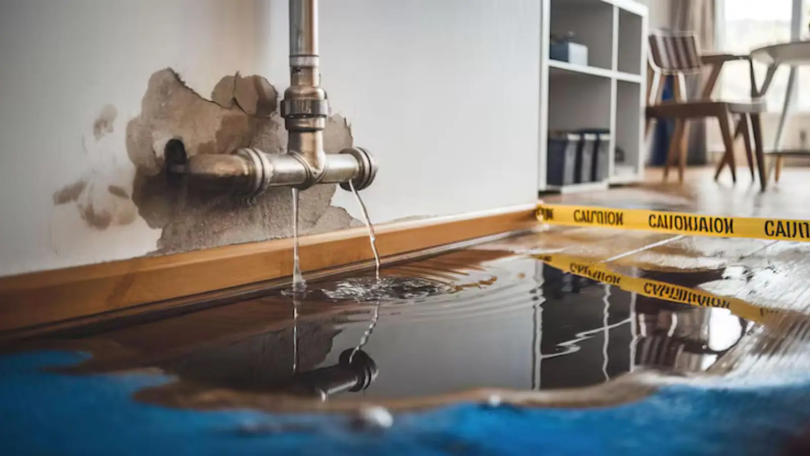 Water running from a corroded pipe fitting onto a baseboard and floor behind caution tape, illustrating the first hours of water mitigation in Laguna Woods, CA